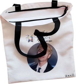 Sacosa de Panza pentru Cumparaturi, Geanta Tote, model BTS RM cu semnatura, Cu fermoar, 38x34.5 cm, Alba, BEKZ®