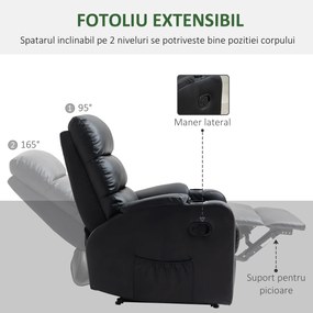 HOMCOM Fotoliu de relaxare rabatabil cu suport pentru picioare reglabil acoperit sintetic, negru, 79x89x100cm