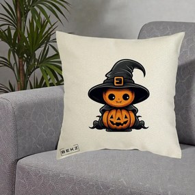 Perna Decorativa Halloween Dovleac Vrajitor Kawaii, 40x40 cm, Ecru, Husa Detasabila, Perna Inclusa, BEKZ®