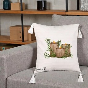 Perna Decorativa Lumanari Rustice cu Crengute Brad, 40x40 cm, Bej cu Franjuri, Husa Detasabila, Perna Inclusa, BEKZ®