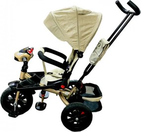 Tricicleta cu copertina NOVOKIDS Super Trike, Cu melodii si lumini, Roti din cauciuc, Pozitie somn, Scaun reversibil cu rotatie 360 grade, Crem