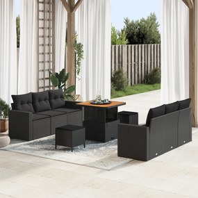 vidaXL Set de canapea de grădină , 9 piese, cu perne, Negru, din ratan plastic și acacia