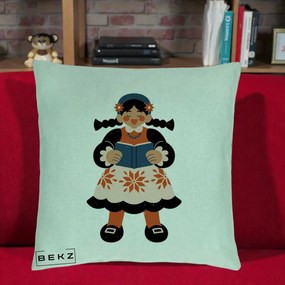 Perna Personalizata Fetita cu Carte Ilustratie Folk, 40x40 cm, Verde Menta, Husa Detasabila, Perna Inclusa, BEKZ®