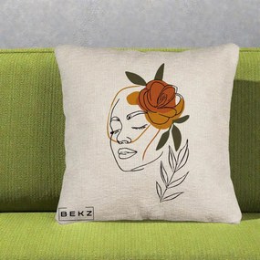 Perna Decorativa Portret Feminin Trandafir Ruginiu, 40x40 cm, Bej Canapea, Husa Detasabila, Perna Inclusa, BEKZ®