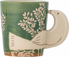 Cană din ceramică verde cu decor floral roz pictat manual, mâner în formă de cap de pasăre, 8x9 cm, "Hezha"