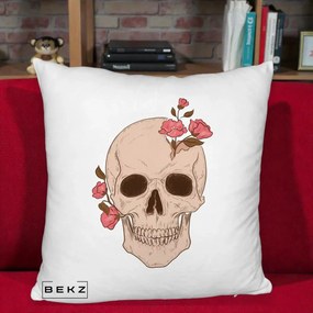 Perna Decorativa Craniu Floral Gothic, 40x40 cm, Alb Pufos, Husa Detasabila, Perna Inclusa, BEKZ®