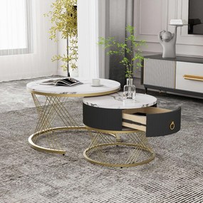 Set de 2 Măsuțe de Cafea Moderne Modulare din Marmură Sintetică cu Detalii Aurii și Sertare, Dimensiuni 70x70x45 cm și 50x50x40 cm, Alb