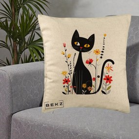 Perna Decorativa Pisica Neagra Ochi Galbeni Flori, 40x40 cm, Bej, Husa Detasabila, Perna Inclusa, BEKZ®