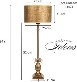 Bază pentru lampă de masă din aluminiu, auriu, cu picior înalt și ananas sculptat, bază pătrată, finisaj antichizat, 56 x 11 cm, „Lutèce”