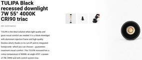 Spot LED incastrabil TULIPA Black recessed downlight 7W 55° 4000K CRI90 triac