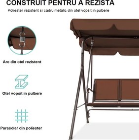 Balansoar de grădină, 3 locuri, cu baldachin și cadru din oțel, Maro