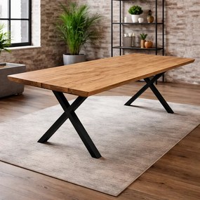 Masa Farris din stejar masiv 300x100 cm, 8-12 persoane, picioare metalice in X