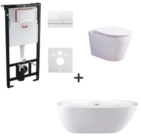 Set cada baie freestanding ovala plus vas wc rimless suspendat cu capac soft close, rezervor wc incastrat si clapeta alba cu izolare fonica