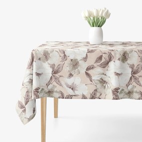 Goldea față de masă decorativă loneta - flori albe și maro cu frunze 80 x 80 cm