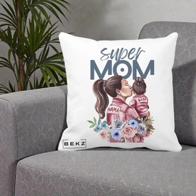 Cadou pentru Mama - Perna Personalizata Super Mom Mama cu Bebelusul, 40x40 cm, Alba Mata, Husa Detasabila, Perna Inclusa, BEKZ®