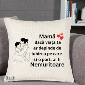 Cadou pentru Mama - Perna Personalizata Mama Nemuritoare Kawaii, 40x40 cm, Crem Reliefat, Husa Detasabila, Perna Inclusa, BEKZ®