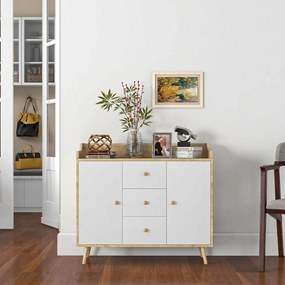 HOMCOM Comodă cu 3 Sertare și 2 Dulapuri cu Rafturi, Bufet Modern din PAL și Lemn de Pin, 90x32x80 cm, Alb | Aosom Romania