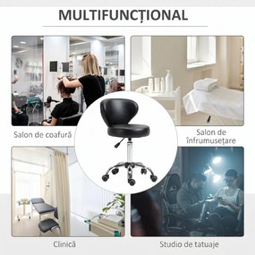 HOMCOM Taburet Rotativ 360° Reglabil, Taburet Cosmetic cu Spătar, din Oțel și Piele Ecologică, Negru | Aosom Romania