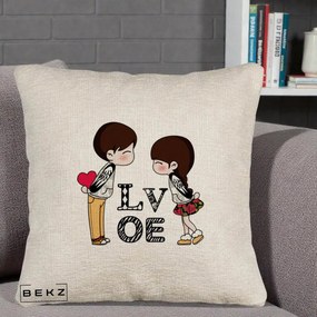 Cadou Romantic - Perna Personalizata Cuplu Kawaii LOVE, 40x40 cm, Bej Canapea, Husa Detasabila, Perna Inclusa, BEKZ®