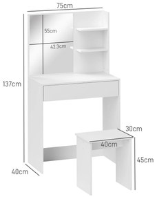 HOMCOM Masă de Toaletă/Machiaj cu 3 Rafturi, Sertare, Oglindă și Taburet, 75x40x137 cm, Alb | Aosom Romania