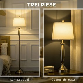 HOMCOM Set Iluminat Rezidențial cu Lampă de Podea și Veioză, Design Metalic și Textil, Alb și Argintiu, pentru Casă și Birou | Aosom Romania