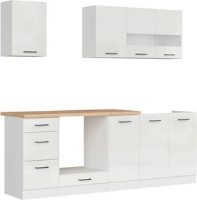 Set bucatarie JUNONA LINE, alb lucios, PAL, 220 cm, cu blat stejar art
