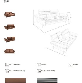 Canapea 3 locuri, tapitata cu piele naturala, spatar rabatabil Maro