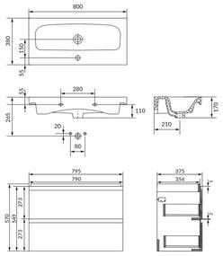 Set dulap baie suspendat 2 sertare cu lavoar inclus, 80 cm, antracit mat, Cersanit Moduo Slim 800x380 mm