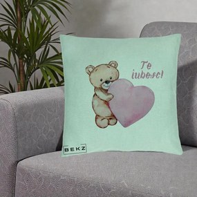 Cadou Romantic - Perna Personalizata Te Iubesc Ursulet cu Inima Roz Acuarela, 40x40 cm, Verde Menta, Husa Detasabila, Perna Inclusa, BEKZ®