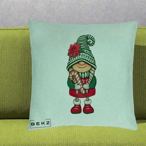 Perna Decorativa Gnom Craciun Verde cu Bomboane si Floare, 40x40 cm, Verde Menta, Husa Detasabila, Perna Inclusa, BEKZ®