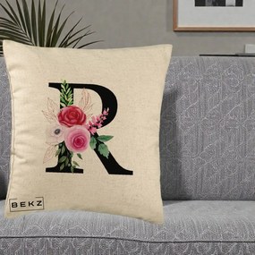 Cadou Personalizat - Perna Personalizata Monograma Florala Litera R, 40x40 cm, Bej, Husa Detasabila, Perna Inclusa, BEKZ®