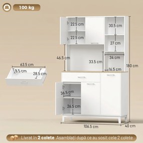 HOMCOM Dulap înalt de bucătărie, cămară modernă cu 5 uși, sertar, rafturi reglabile, blat și compartimente deschise, alb | Aosom Romania