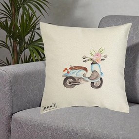 Perna Decorativa Scuter Albastru cu Flori Acuarela, 40x40 cm, Ecru, Husa Detasabila, Perna Inclusa, BEKZ®