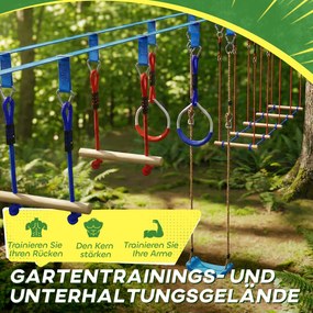 AIYAPLAY Ninja Line Set Slackline copii 24 m cu inele gimnastice, 7 obstacole, bară de cățărat, pod de echilibru pentru 3-6 ani Roșu+Albastru | Aosom Romania