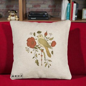 Perna Decorativa Pasare pe Ramura cu Maci, 40x40 cm, Bej Canapea, Husa Detasabila, Perna Inclusa, BEKZ®