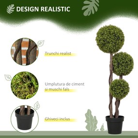 HOMCOM Plantă Artificială de Buxus cu 3 Sfere, Ghiveci Inclus și Bază Întărită, Ø19,5x115 cm, Verde | Aosom Romania