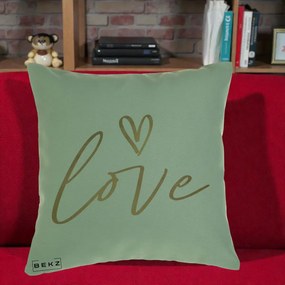 Perna Decorativa Love Caligrafie Aurie, 40x40 cm, Verde, Husa Detasabila, Perna Inclusa, BEKZ®