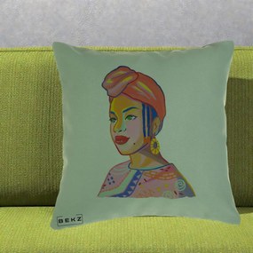 Perna Decorativa Portret Femeie Africana, 40x40 cm, Verde, Husa Detasabila, Perna Inclusa, BEKZ®