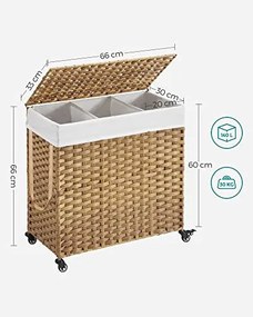 Cos de Rufe Mobil cu Sac Interior si Capac, Natur / Alb, Polipropilena / Metal, Vasagle, LCB363N01