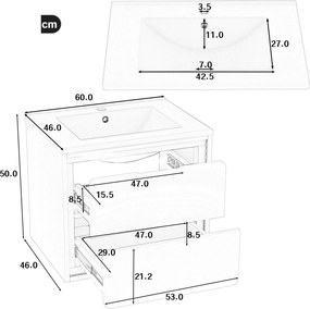 Dulap de baie suspendat pe perete cu iluminare LED cu senzor radar, două sertare și chiuvetă integrată din ceramică, 60x46x50 cm, Alb