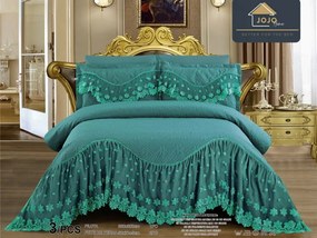 Cuvertura pat dublu  3 piese  Bumbac Finet  220x280cm  cu volanase si broderie  Jojo Home  Turquoise