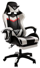 JAKS PREMIUM SCAUN GAMING REGLABIL ECO - PIELE NEGRU-ALB + PERNĂ DE MASAJ
