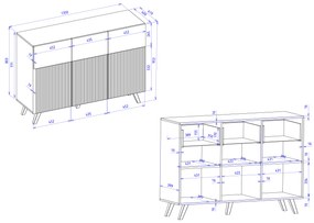 Mazzoni Comodă BERLINI 3D3S Stejar Artisan/negru - DULAP CU 3 SERTARARE ȘI FRONȚ NERVURAT