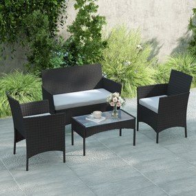 Outsunny Set mobilier de grădină exterior 4 persoane din rășină împletită cu canapele și măsuță din sticlă securizată perne incluse gri | Aosom Romania