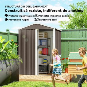 Outsunny Magazie de Grădină 1.1m² din Oțel Galvanizat, Capannă de Grădină cu Ușă Glisantă Blocabilă, Acoperiș Înclinat, Mănuși, Magazie pentru Unelte, 136x87x179 cm, Maro | Aosom Romania