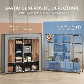 HOMCOM Dulap Textil Portabil in Material Nețesut și Oțel, cu Roți, 10 Compartimente și 2 Bare pentru Umerașe, Gri Închis | Aosom Romania