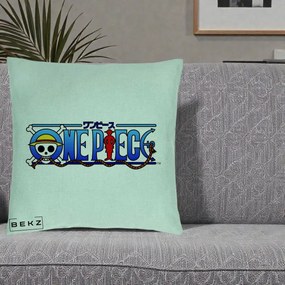 Perna Personalizata One Piece Clasic Albastru, 40x40 cm, Verde Menta, Husa Detasabila, Perna Inclusa, BEKZ®