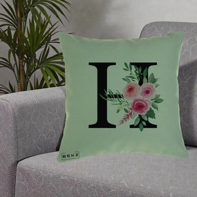 Cadou Personalizat - Perna Personalizata Monograma Florala Litera H cu Trandafiri Roz, 40x40 cm, Verde, Husa Detasabila, Perna Inclusa, BEKZ®