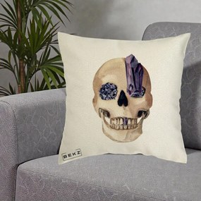Perna Decorativa Craniu cu Cristale de Ametist, 40x40 cm, Ecru, Husa Detasabila, Perna Inclusa, BEKZ®