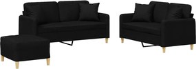 vidaXL Set de canapele cu perne, 3 piese, negru, textil